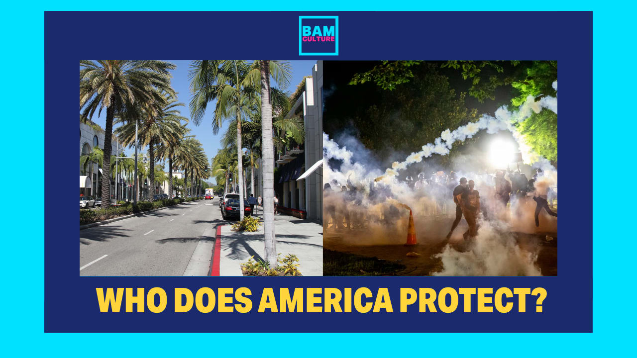 Image showing Rodeo Drive on one side and a tear-gas-filled protest on the other, under the headline “Who Does America Protect?” Image showing Rodeo Drive on one side and a tear-gas-filled protest on the other, under the headline “Who Does America Protect?”