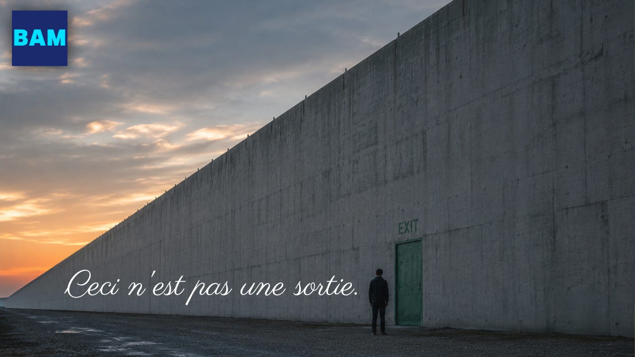 Ceci n'est pas une sortie. Pretending there is a way to not use AI is an excuse you are using to excuse yourself from culpability. This image was made using AI. Claude Fable 5 wrote the prompt. ChatGPT 5.5 made the image. The author added the logo and the text.